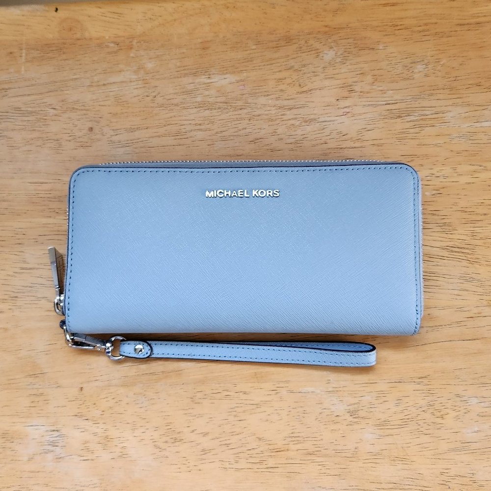 Michael Kors Travel Continental Leather Wristlet Wallet, Light Blue
